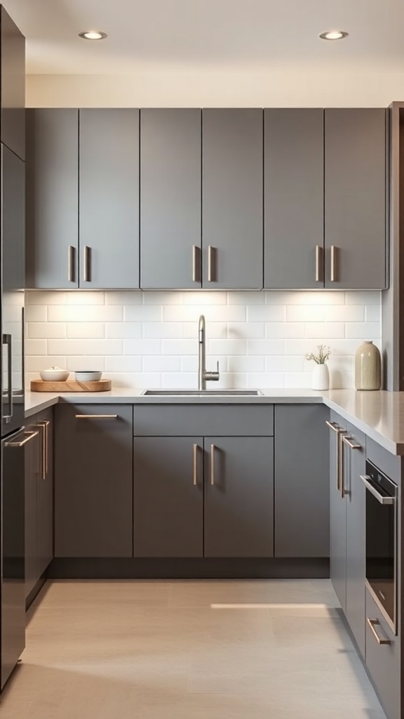 Modern kitchen featuring sleek grey cabinets and white subway tile backsplash