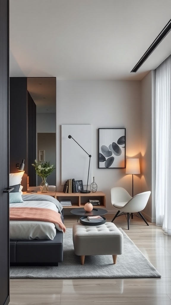 A modern bedroom nook featuring a cozy lounge area with stylish chairs, a wooden side table, and decorative elements.