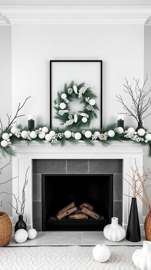 A modern winter mantle with white decorations, green foliage, and a minimalist design.