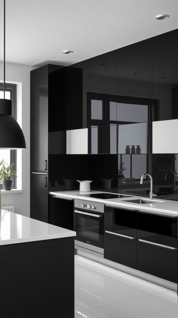 A modern black and white kitchen with sleek cabinets and white countertops.