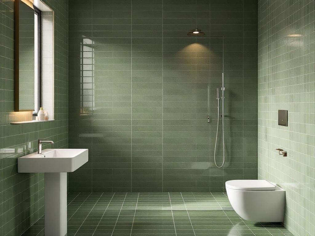 A modern bathroom featuring sleek olive green tiles, a white sink, and a white toilet.