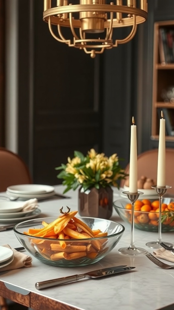 A modern Thanksgiving table featuring a glass bowl with colorful vegetables, elegant candle holders, and a stylish table setting.