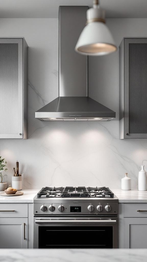 A modern kitchen featuring a sleek stainless steel hood above a gas range, with light cabinetry and marble countertops.