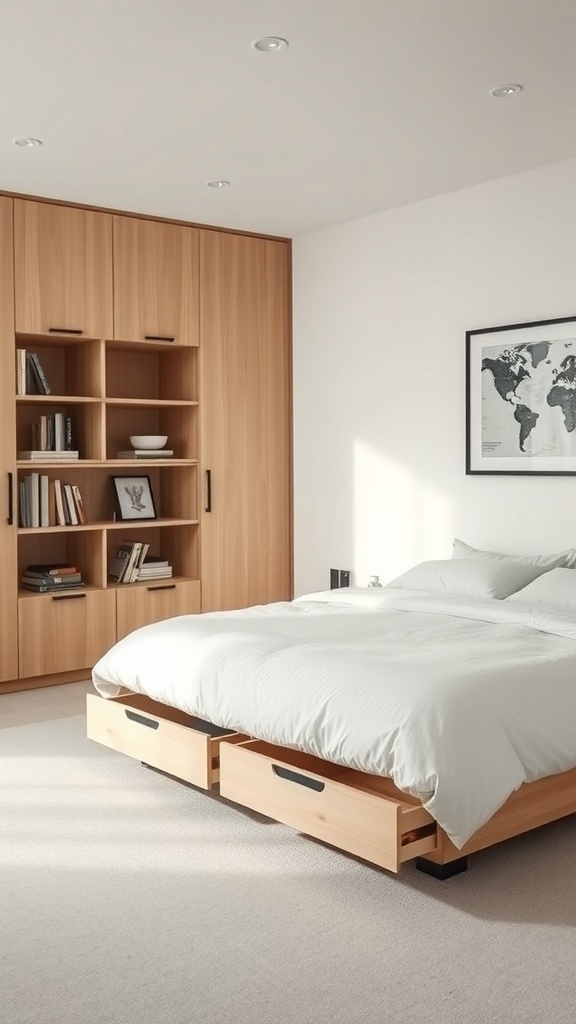 Minimalist bedroom with wooden storage solutions and a bed with drawers.