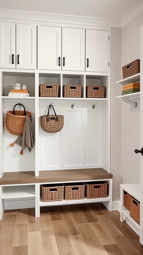 Modern mudroom with sleek storage solutions including cabinets and woven baskets.