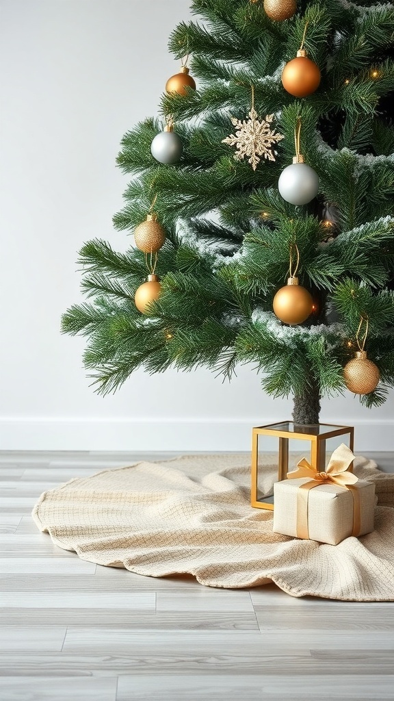 A minimalistic Christmas tree with a simple beige tree skirt and a small gift.