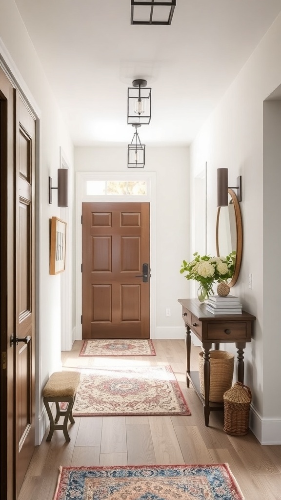 A modern entryway featuring a sleek wall sconce, a console table with decor, and a cozy rug.