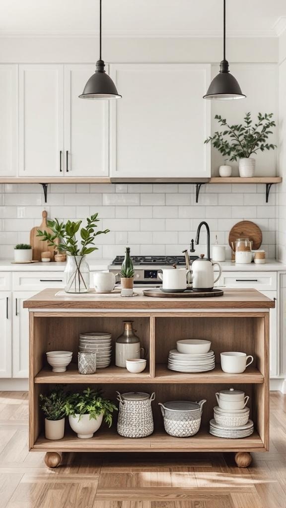 A small kitchen island with open shelving displaying dishes and plants