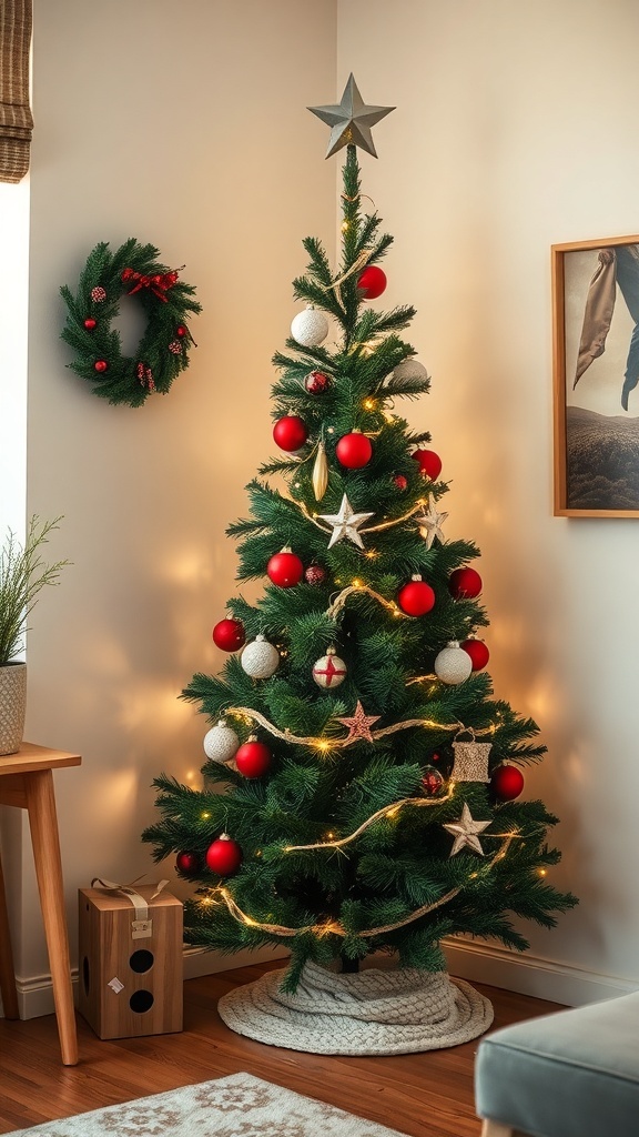A small Christmas tree decorated with red and silver ornaments, surrounded by a cozy living room setting.