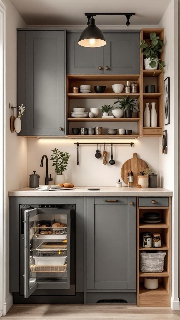 A small kitchen nook with gray cabinets, wooden shelves, and a fridge integrated into the cabinetry.