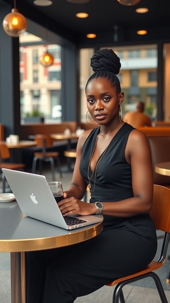 A woman in a black jumpsuit sitting at a café with a laptop and a drink.