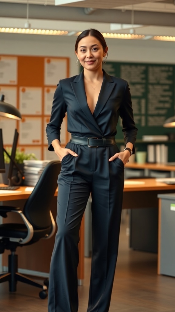 A woman wearing a stylish navy jumpsuit in an office setting.