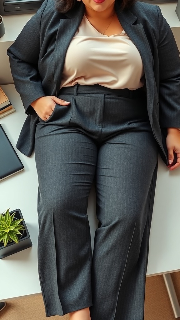 A plus-size individual in smart-casual trousers and a blazer, sitting at a desk with a plant and laptop.