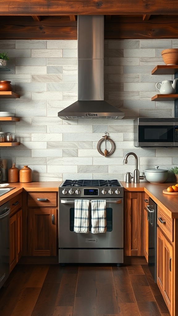 A modern farmhouse kitchen featuring smart appliances and rustic wooden elements.