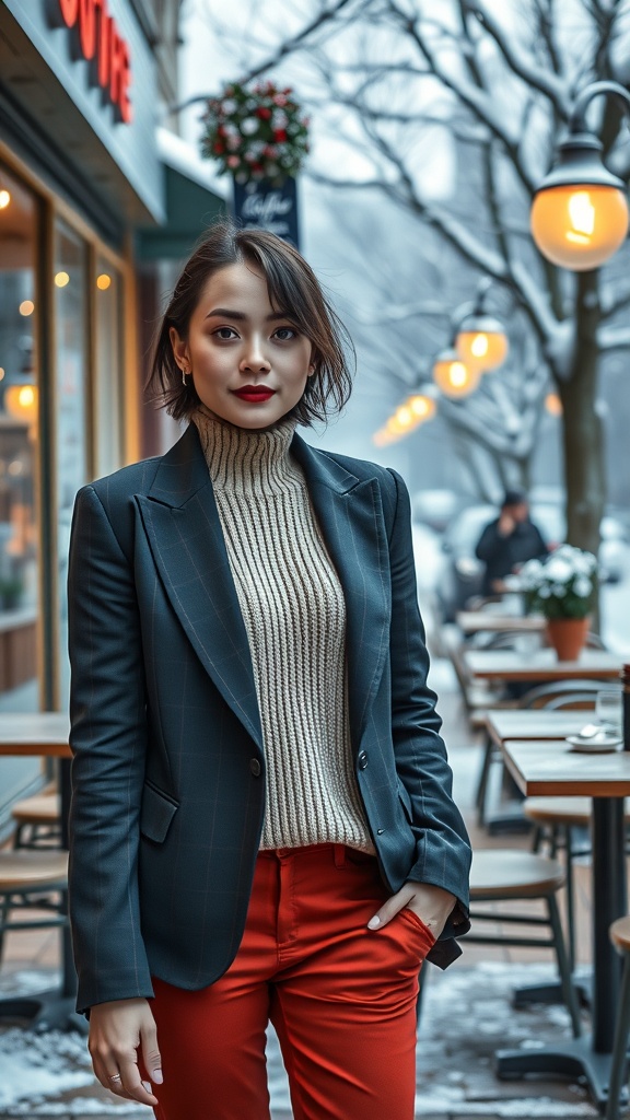 A woman in a stylish blazer and turtleneck, standing outdoors in winter.
