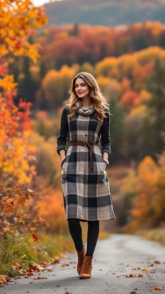 A woman in a plaid dress and ankle boots walking on a path surrounded by autumn foliage.