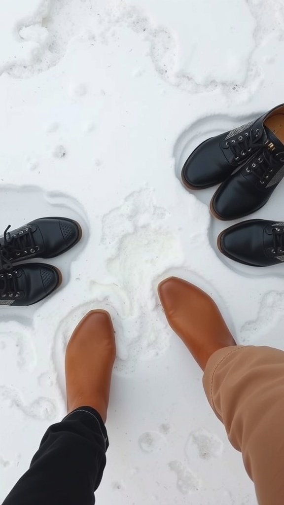 A pair of black boots and tan ankle boots on snowy ground