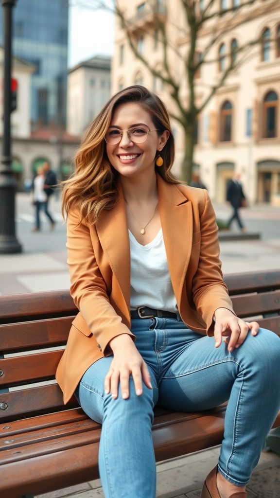 A woman in a black blazer, white blouse, and jeans sitting on a bench, smiling.