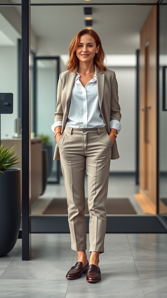 A woman in a smart casual outfit featuring light-colored chinos, a fitted blazer, and loafers, standing in a modern office setting.