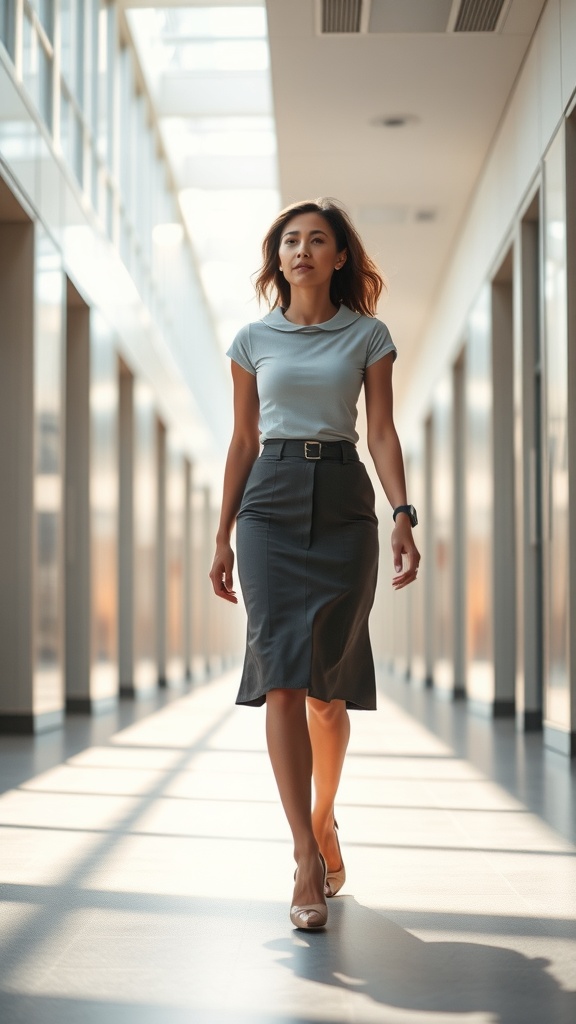 A woman walking confidently in a smart casual outfit featuring a fitted skirt and a stylish top.