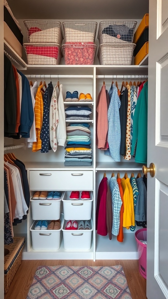 Organized closet with clothes, shoes, and storage bins.