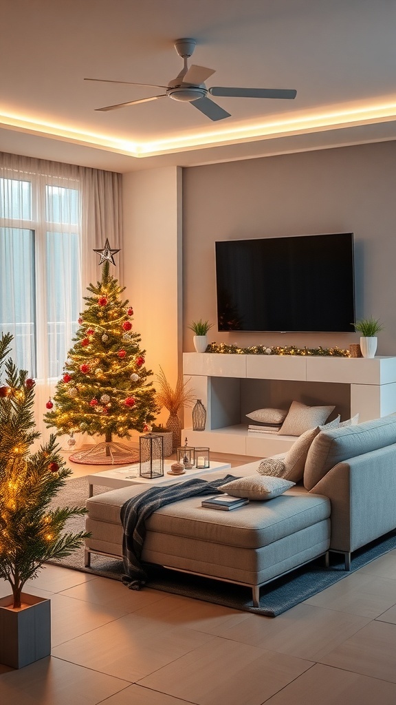 A modern living room decorated for Christmas with a tree and smart lighting.