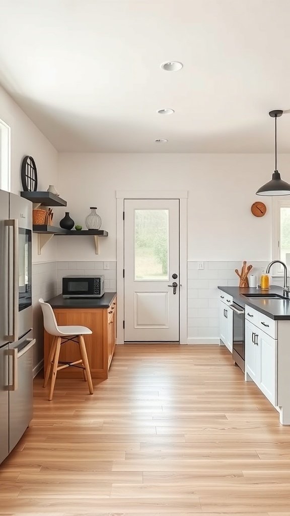 A modern farmhouse kitchen with sleek appliances and a welcoming atmosphere.