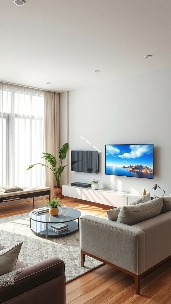 A modern living room featuring a sleek design with smart home technology.