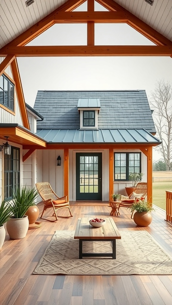 A modern farmhouse porch with wooden beams, chairs, and a coffee table.