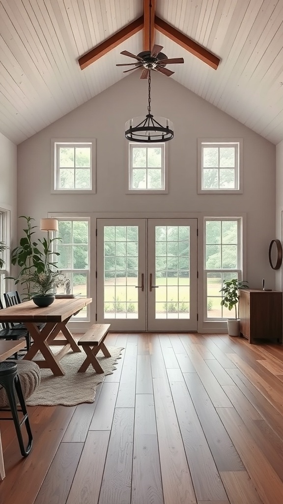 A bright, modern farmhouse interior with large windows and wooden accents.