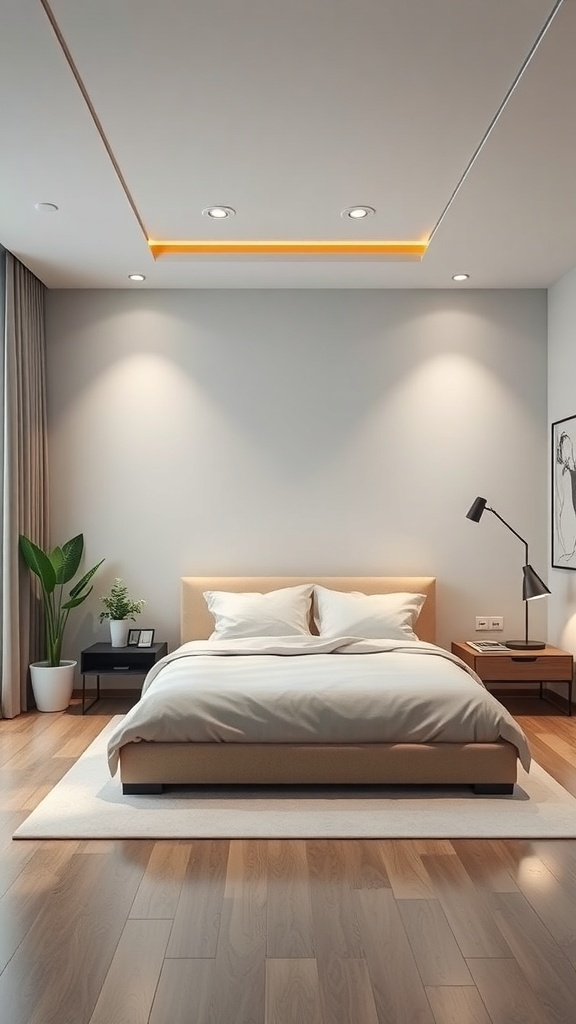 A modern luxury bedroom featuring a bed, elegant lighting, and a plant.