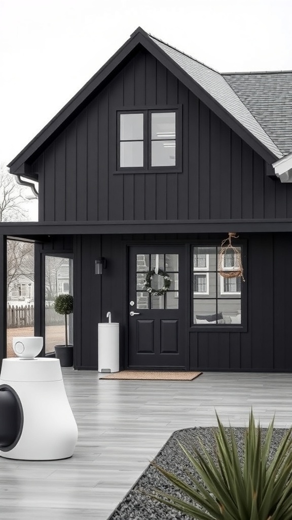 A modern black farmhouse with smart home technology features.
