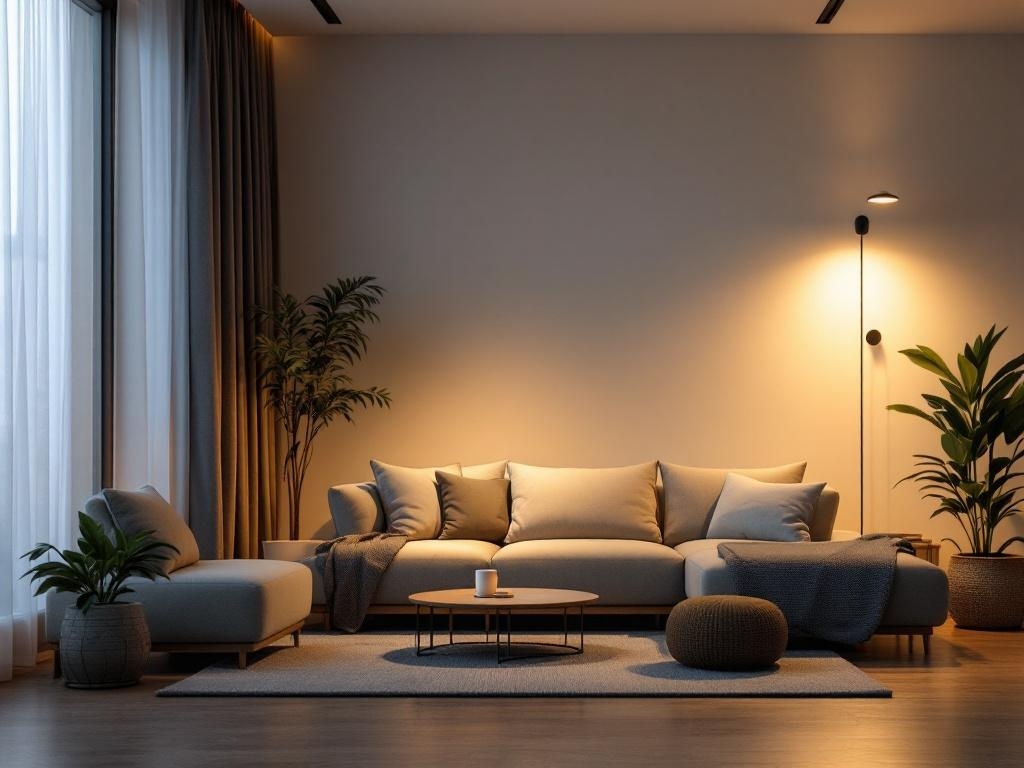 A cozy living room featuring a modern couch, warm lighting, and plants, representing a smart home environment.
