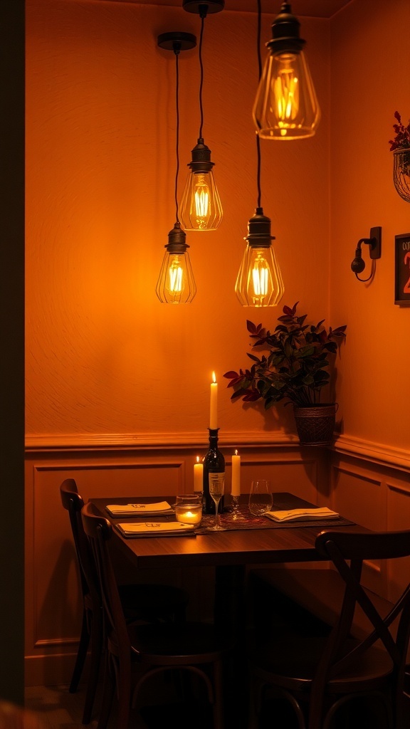 A cozy dining area with warm lighting and candles.