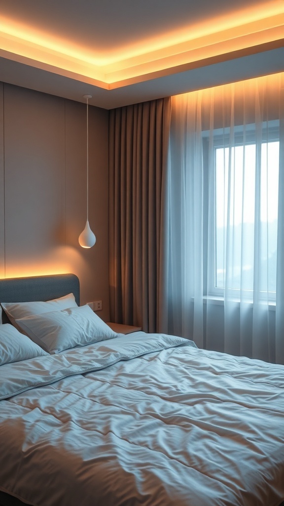 A modern bedroom with soft lighting and a cozy atmosphere.