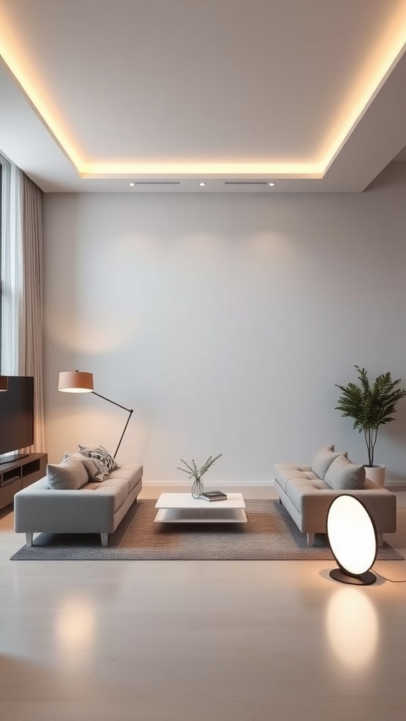 A minimalist living room featuring smart lighting solutions.