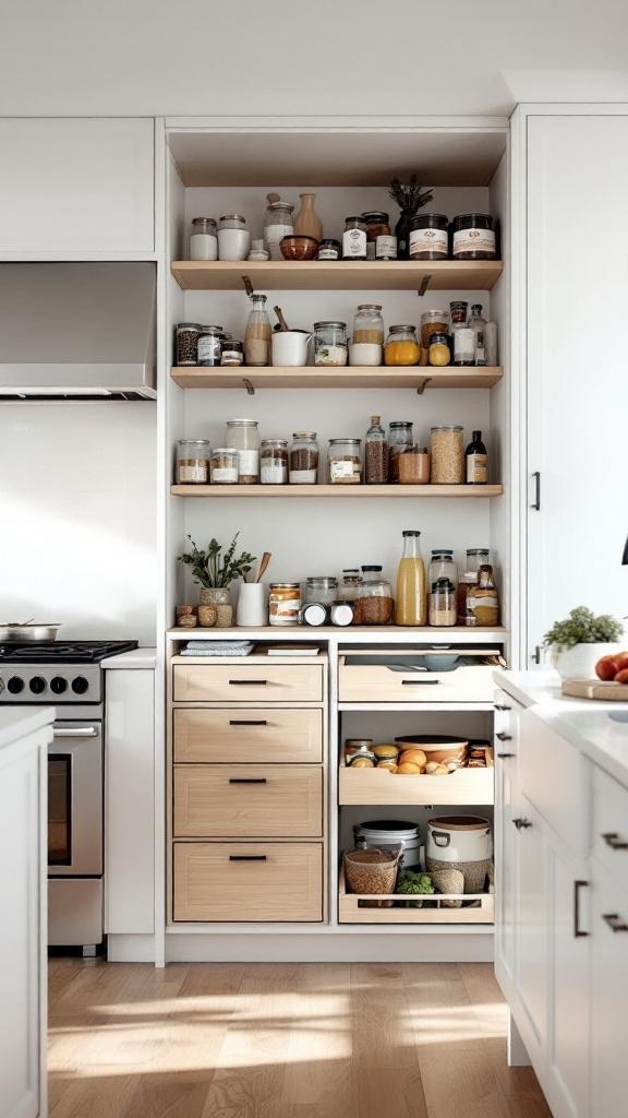 A modern pantry with open shelves displaying jars and containers, and drawers for additional storage.