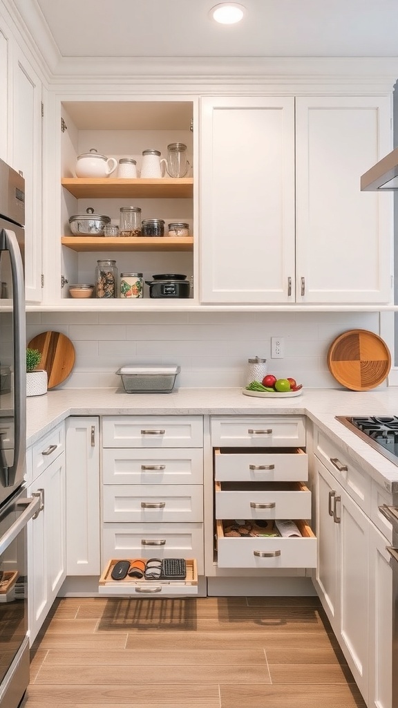 Modern farmhouse kitchen with open shelves and organized drawers
