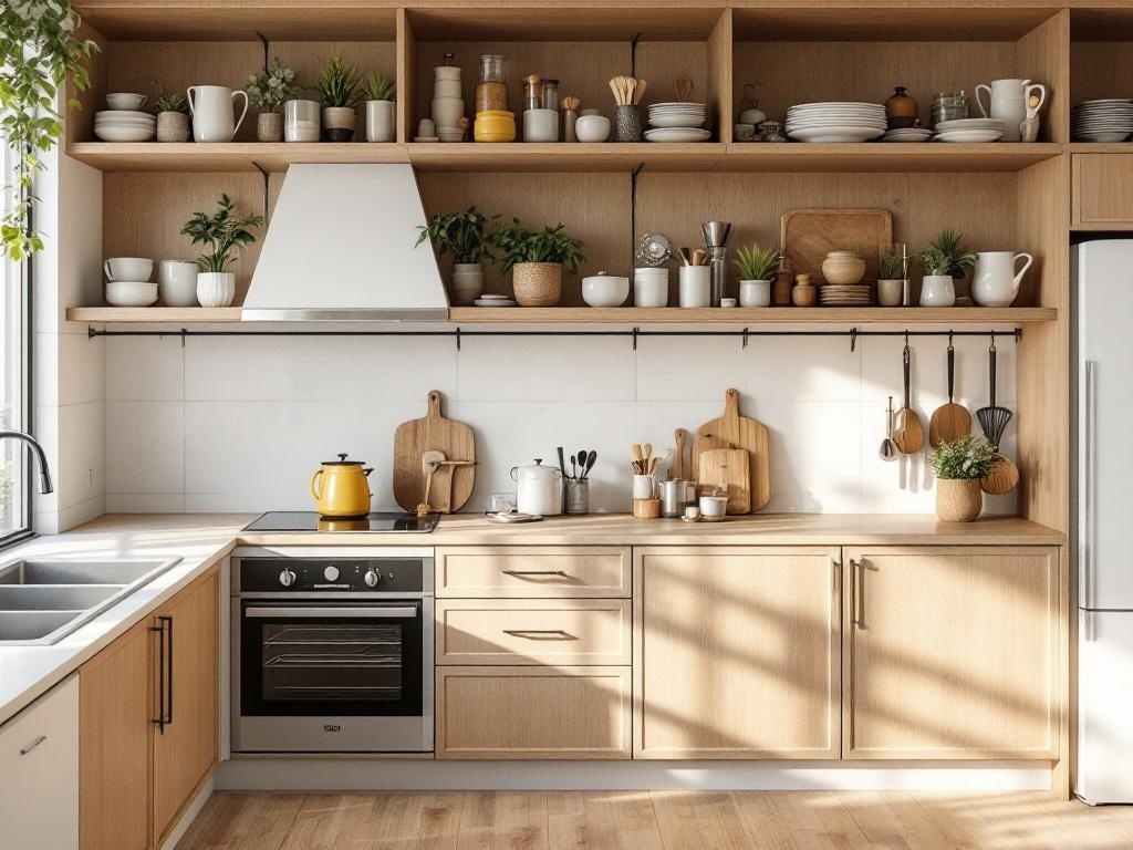A modern kitchen with open shelving, wooden cabinets, and organized utensils.