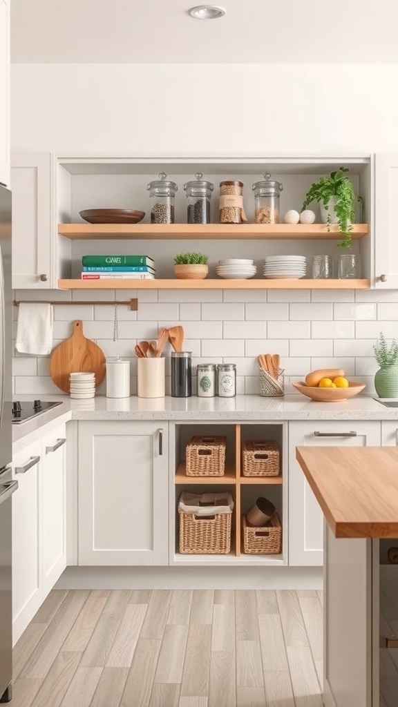 A neutral kitchen featuring open shelving with jars and decorative items, wooden baskets for storage, and a clean countertop.