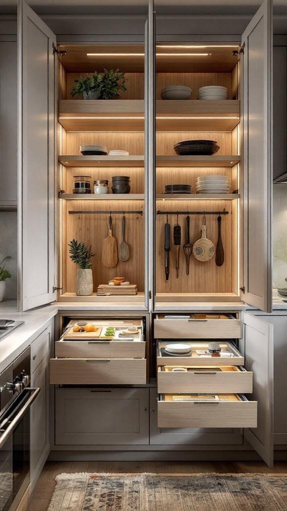A modern kitchen cabinet with open shelves and organized drawers, featuring plants and illuminated interiors.