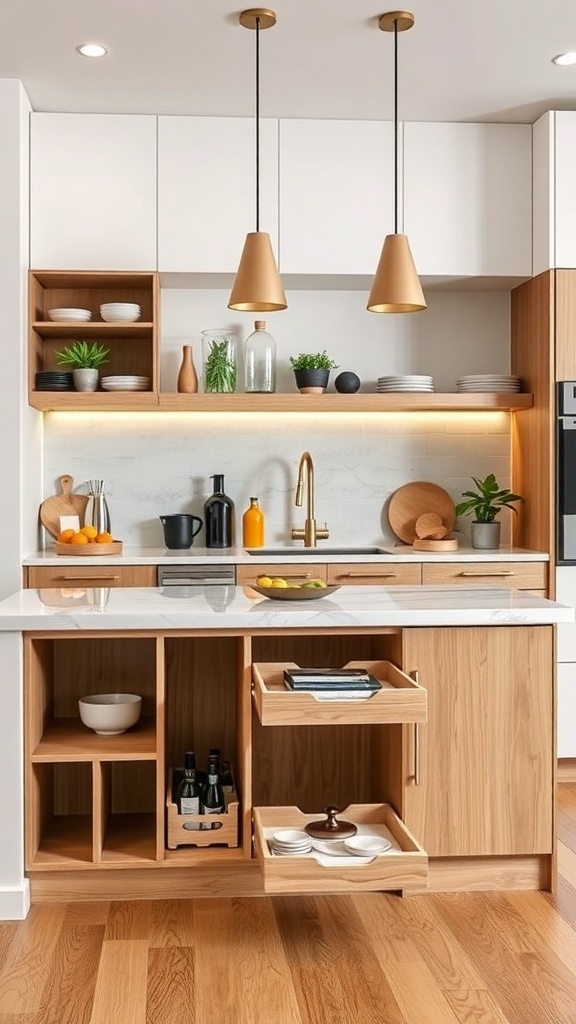 A modern kitchen bar area with wooden cabinetry, open shelves, and smart storage solutions.