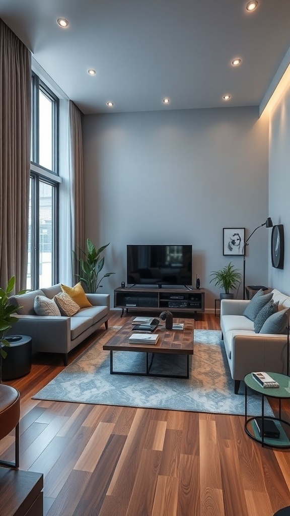 A contemporary living room featuring smart technology integration with sleek furniture and modern decor.