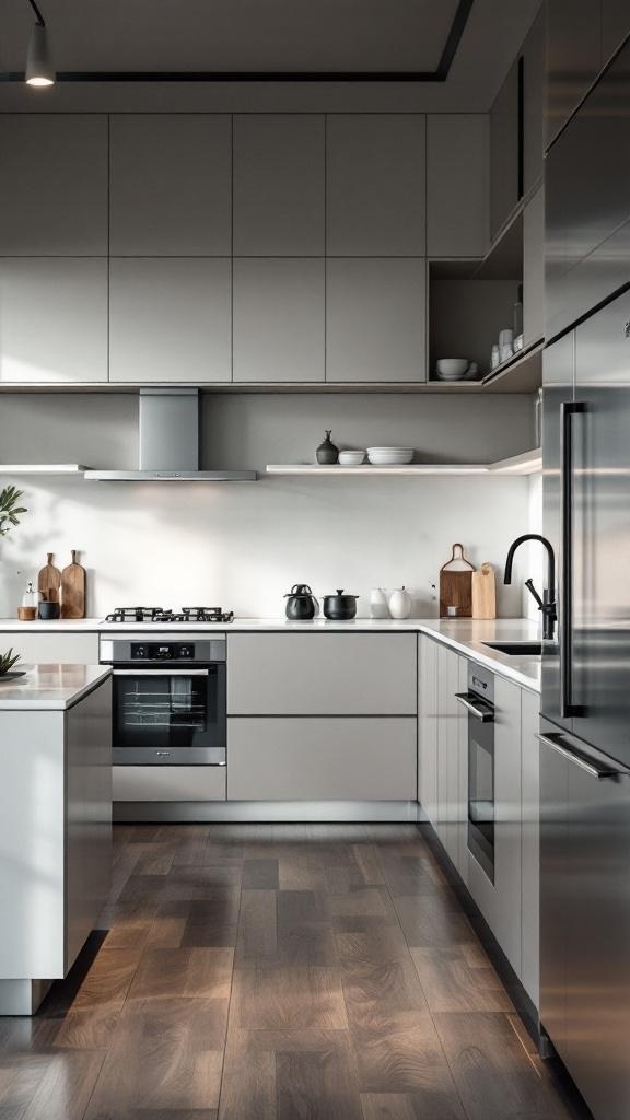 A modern kitchen featuring sleek cabinets, smart appliances, and a minimalist design.