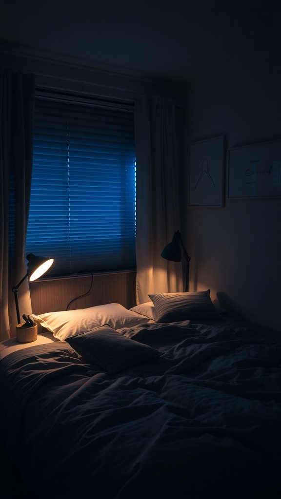 A cozy dark bedroom with soft lighting and neatly arranged pillows.