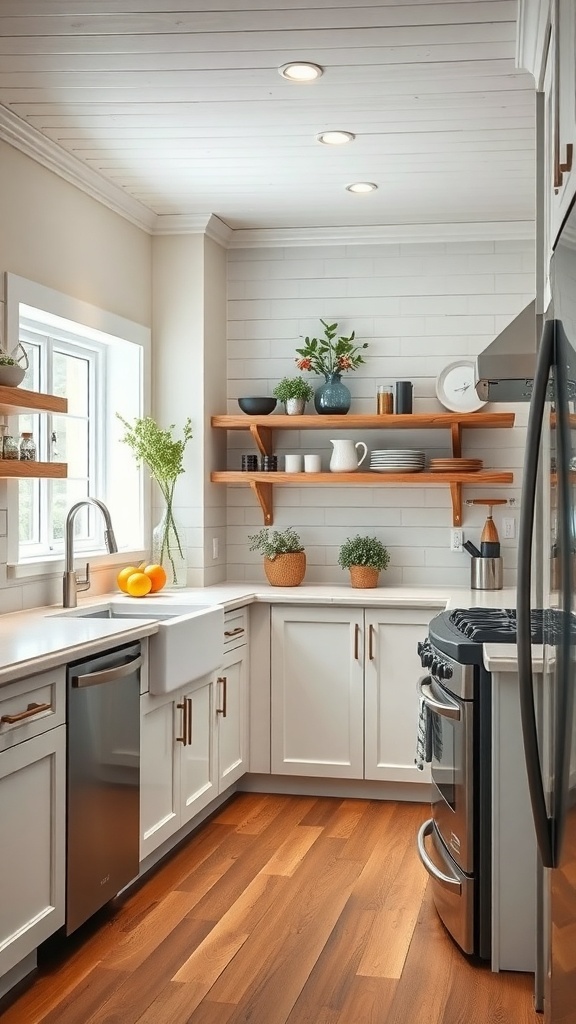 A modern farmhouse kitchen featuring a farmhouse sink, open shelving, and smart appliances.
