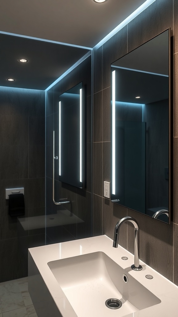 A modern bathroom featuring smart technology with illuminated mirrors and a sleek faucet.