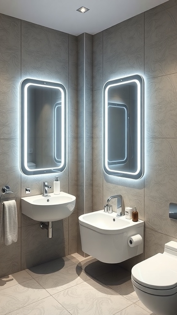 A modern bathroom featuring smart technology with illuminated mirrors and sleek fixtures.