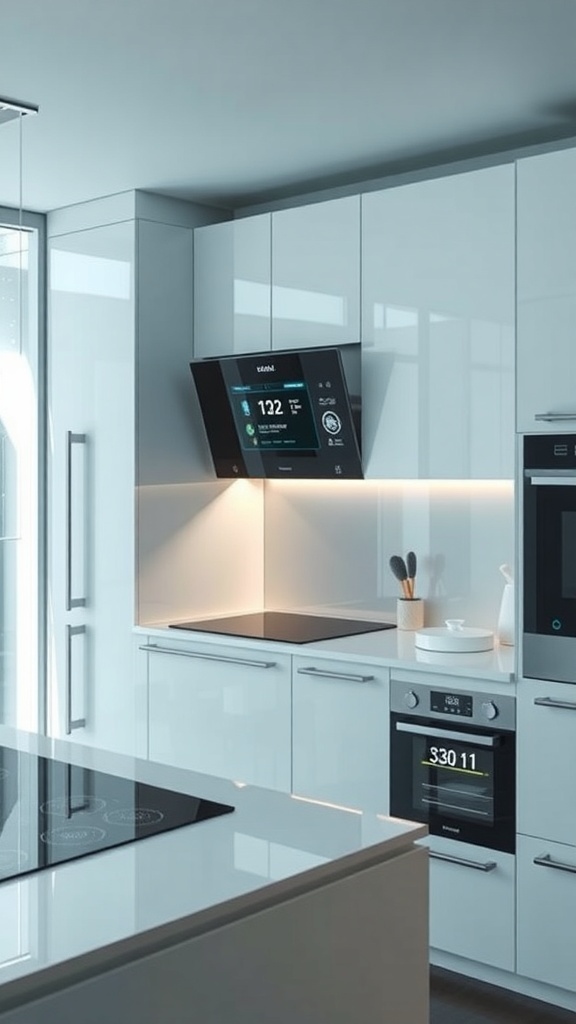 Modern kitchen with smart technology integration, featuring a touchscreen oven and sleek design.