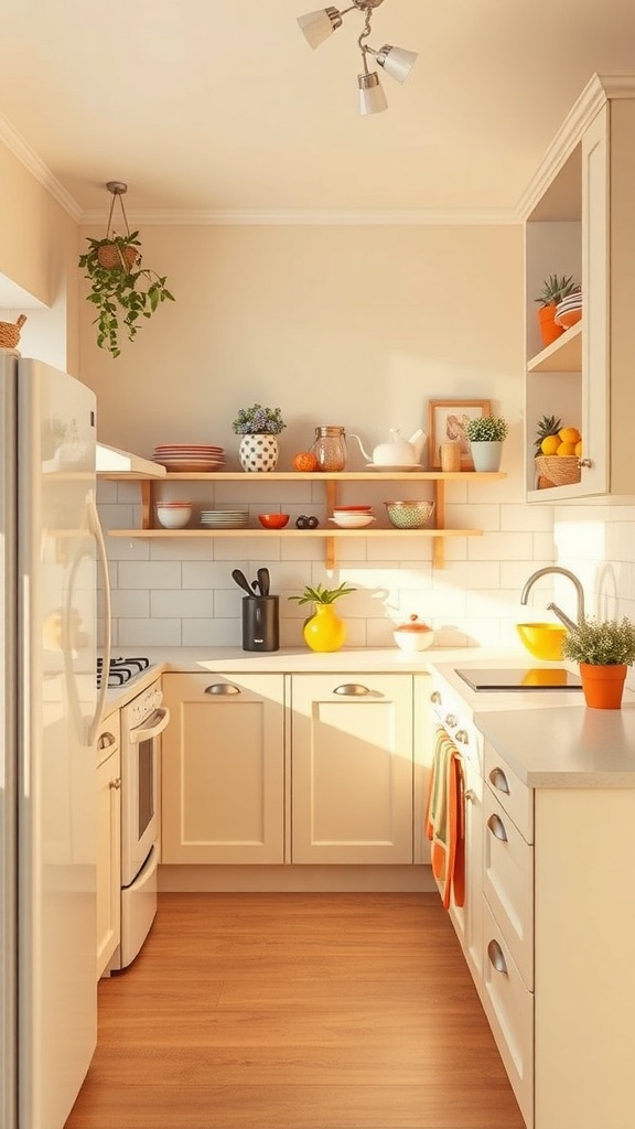 A small kitchen featuring beige walls, colorful pots, and plants, creating a bright and inviting atmosphere.